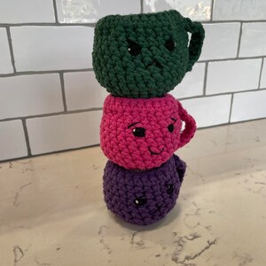 Crochet Novelty Coffee Cups, Set of 3, Cute desk friends.  Made to order - Handmade gifts