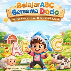 Könnte beinhalten: Farbenfrohe Kinder-Lern-Grafik mit dem Text "Belajar ABC Bersama Dodo". Das Bild zeigt einen Cartoon-Jungen mit Hai-Hut, die Buchstaben A, B und C sowie Bauernhoftiere. Der Text wirbt für das Nachzeichnen und Erlernen des Alphabets.