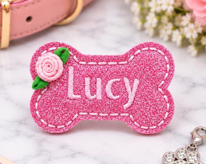 Personalized Pink Sparkly Dog Bow Barrette | Embroidered Bone, Pink Rose