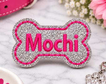 Personalized Silver/Dark Pink Sparkly Dog Bow Barrette | Embroidered Bone