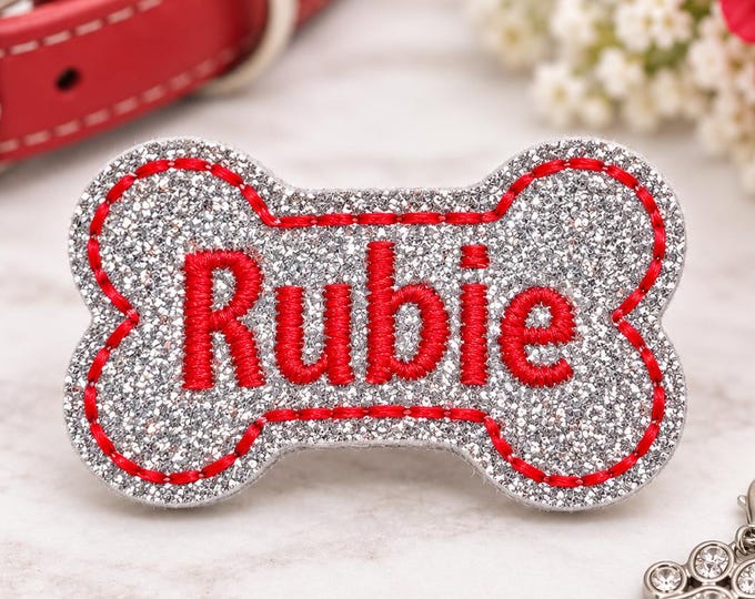Personalized Silver/Red Sparkly Dog Bow Barrette | Embroidered Bone