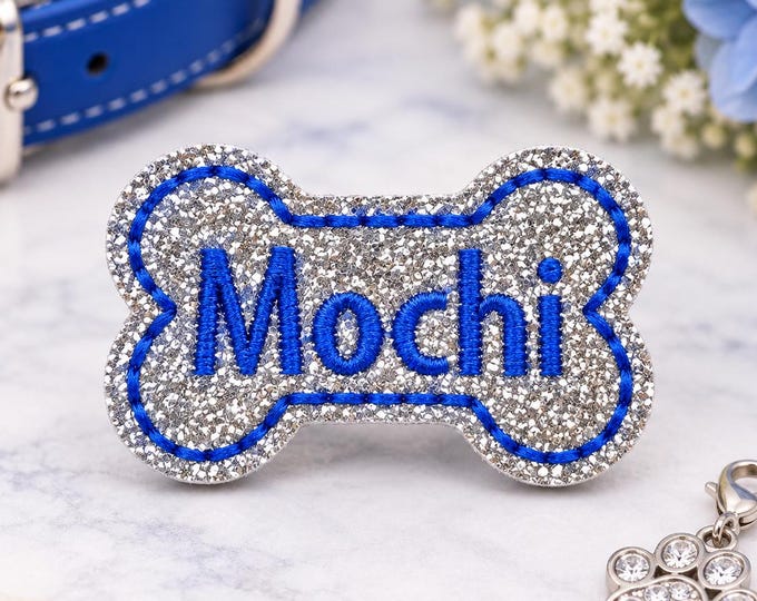 Personalized Silver/Royal Blue Sparkly Dog Bow Barrette | Embroidered Bone