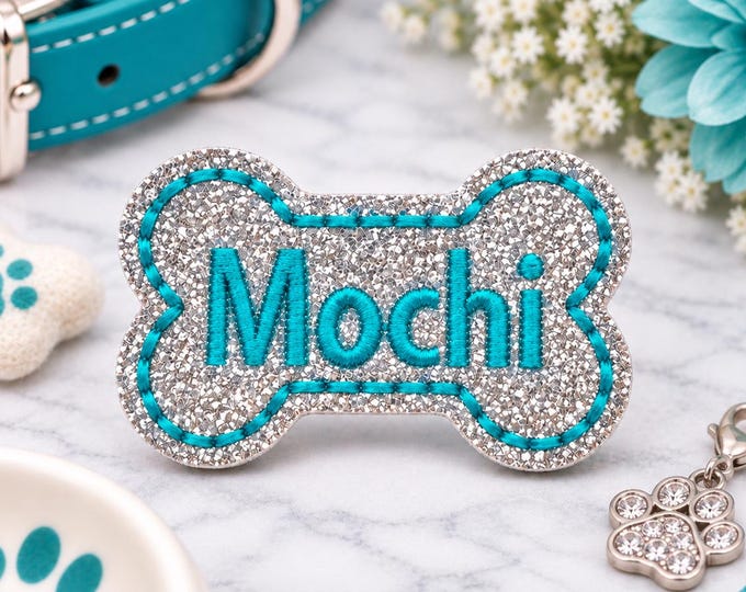 Personalized Silver/Teal Sparkly Dog Bow Barrette | Embroidered Bone