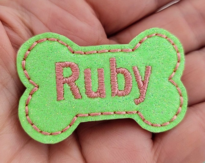 Sparkly Mint Green/ Coral Bone Shaped Dog Bow with Barrette | Embroidered with Name | Pet Gifts | Personalized Accessory | Girl Bows