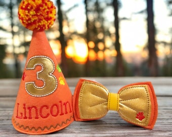 Dog Birthday Hat and Bow Tie Set - Orange with Colorful Paws and Gold Number, Personalized, Gotcha Day Party Hat, Autumn Paw Print