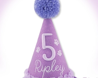 Dog Birthday Hat Lilac - 3D Puff Embroidery, Ruffle Trim, Personalized for Gotcha Day, 1st Birthday, Memory Keepsake, Embroidered Paws, Prop