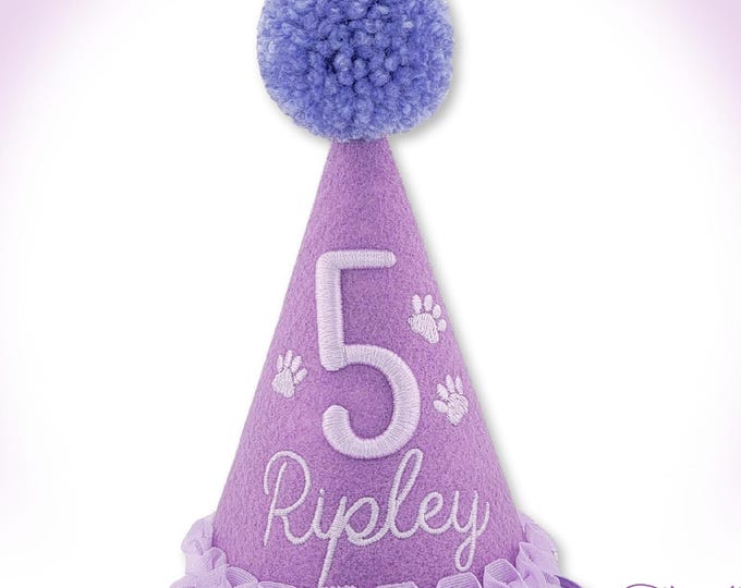 Dog Birthday Hat Lilac - 3D Puff Embroidery, Ruffle Trim, Personalized for Gotcha Day, 1st Birthday, Memory Keepsake, Embroidered Paws, Prop