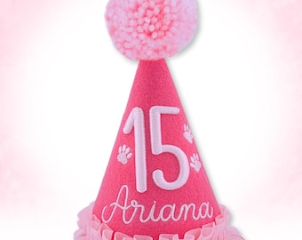 Dog Birthday Hat, Candy Pink - 3D Puff Embroidery - Personalized for Gotcha Day, 1st Birthday, Memory Keepsake, Embroidered Paws, Props