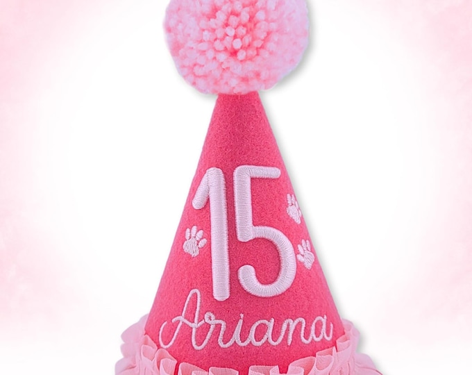 Dog Birthday Hat, Candy Pink - 3D Puff Embroidery - Personalized for Gotcha Day, 1st Birthday, Memory Keepsake, Embroidered Paws, Props