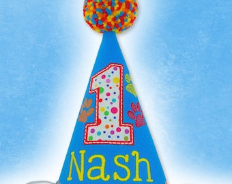 Personalized Pet Birthday Hat in Peacock Blue – Custom Dog Party Hat with Name & Number and Embroidered Paws – Small, Large, XL – PD925
