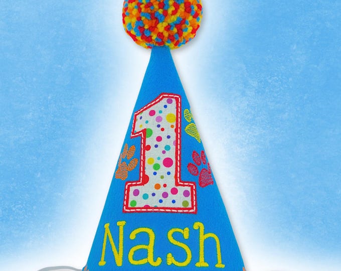 Personalized Pet Birthday Hat in Peacock Blue – Custom Dog Party Hat with Name & Number and Embroidered Paws – Small, Large, XL – PD925