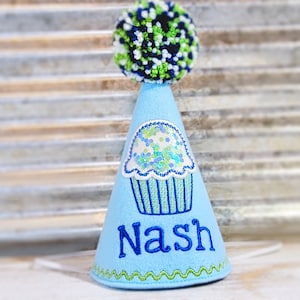 Dog Birthday Hat, Confetti Sprinkles Cupcake in Baby Blue - Personalized, Photo Prop, Gotcha Day, 1st Birthday, Party Favors, Pampered Dog
