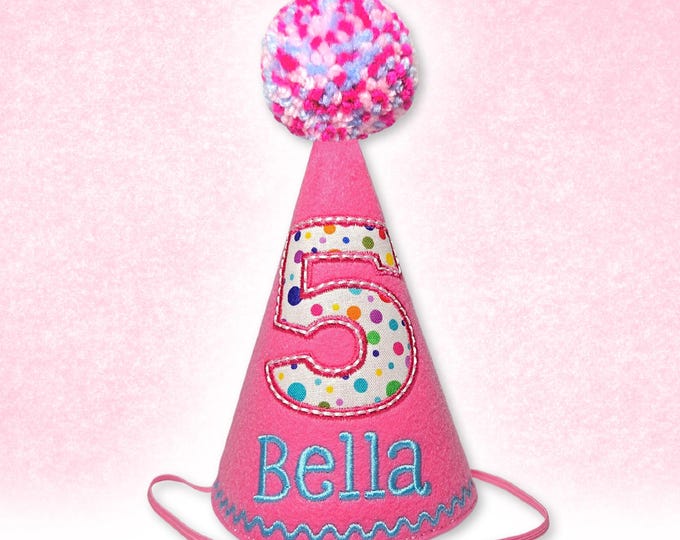 Dog Birthday Hat in Candy Pink & Rainbow Dots, Custom Embroidered Name and Birthday Number