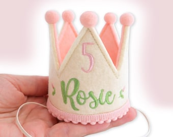 Dog Birthday Crown Ecru Pink Rose Buds, Personalized | Gotcha Day Crown | 1st Birthday Party | Girl Pet Accessories | Custom Embroidery