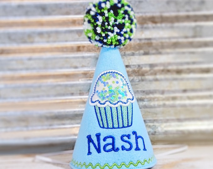 Dog Birthday Hat, Confetti Sprinkles Cupcake in Baby Blue - Personalized, Photo Prop, Gotcha Day, 1st Birthday, Party Favors, Pampered Dog