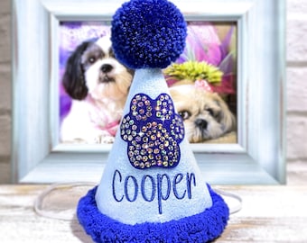 Blue Dog Birthday Hat with Faux Rhinestones and Furry Trim, Personalized - Bling Dog Paw - Pet Party Hat - 1st Birthday Party - Pampered Pet