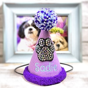 Lilac Dog Birthday Hat with Faux Rhinestones and Purple Furry Trim, Personalized - Bling Dog Paw - Pet Party Hat - 1st Birthday Party