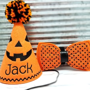 Halloween Dog Birthday Party Costume Hat & Bow Tie - Embroidered Pumpkin Jack O Lantern Face for Dress Up - Costumes for Dogs