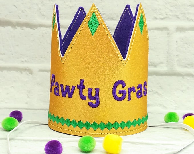 Mardi Gras Dog Crown, Gold Green and Purple, Embroidered in 3 sizes for your pet King or Queen