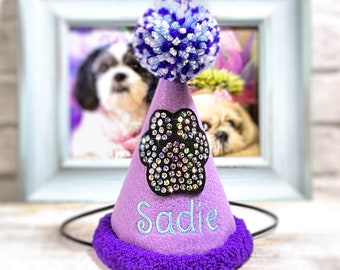 Lilac Dog Birthday Hat with Faux Rhinestones and Purple Furry Trim, Personalized - Bling Dog Paw - Pet Party Hat - 1st Birthday Party