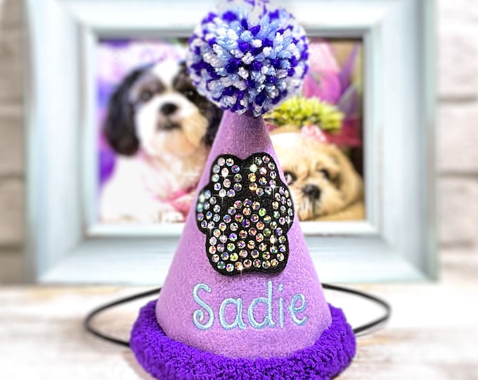 Lilac Dog Birthday Hat with Faux Rhinestones and Purple Furry Trim, Personalized - Bling Dog Paw - Pet Party Hat - 1st Birthday Party