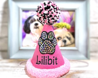 Pink Dog Birthday Hat with Faux Rhinestones and Furry Trim, Personalized - Bling Dog Paw - Pet Party Hat - 1st Birthday Party - Pampered Pet