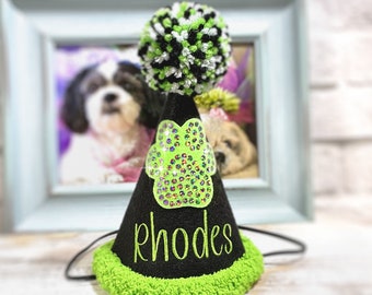 Black Dog Birthday Hat with Faux Rhinestones and Lime Furry Trim, Personalized - Bling Dog Paw - Pet Party Hat - 1st Birthday Party
