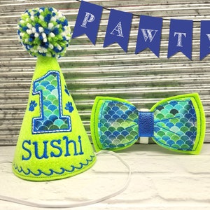 Dog Birthday Hat and Bow Tie in Lime Green, Gotcha Day Party Hat, Birthday photo prop, Dog Party Supplies, Dog 1st Birthday, Gotcha Day