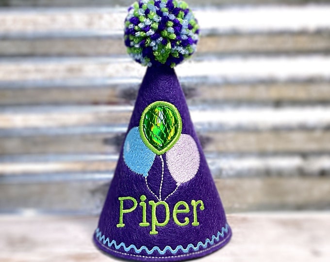 Dog Birthday Hat with Embroidered Balloons in Purple, Personalized with Name, Dogs First Birthday, Gotcha Day Hat