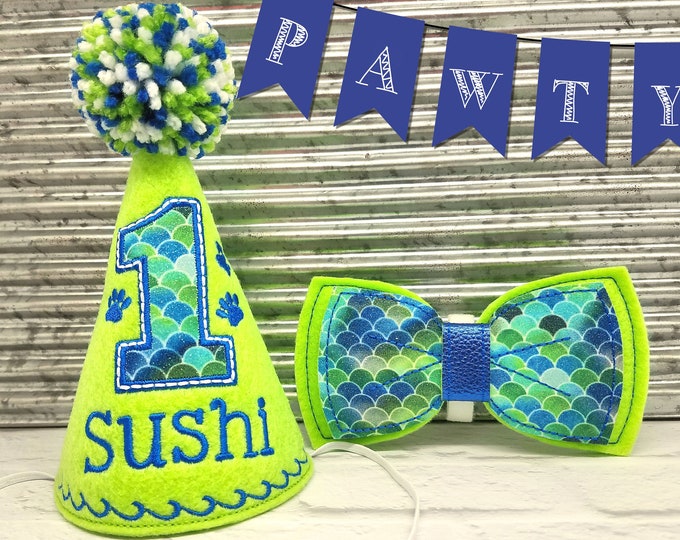 Dog Birthday Hat and Bow Tie in Lime Green, Gotcha Day Party Hat, Birthday photo prop, Dog Party Supplies, Dog 1st Birthday, Gotcha Day