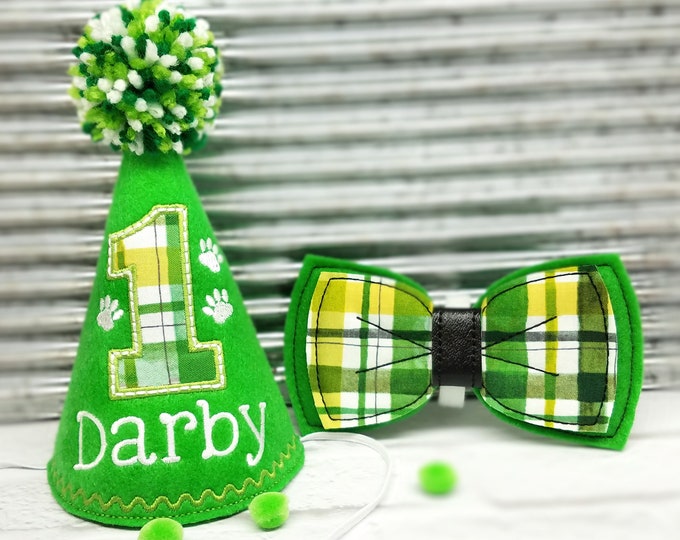 Dog Birthday Hat Bow Tie | Plaid Irish Green Personalized , St. Patrick's Day Birthday Hat, Gotcha Day Party Hat, Photo Prop for Dogs