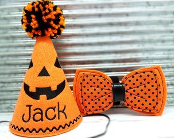 Halloween Dog Birthday Party Costume Hat & Bow Tie - Embroidered Pumpkin Jack O Lantern Face for Dress Up - Costumes for Dogs