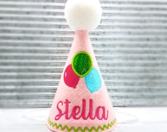 Dog Birthday Hat with Embroidered Balloons in Pink, Personalized with Name, Dogs First Birthday, Gotcha Day Hat