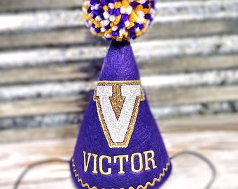 Dog Birthday Hat, Athletic Sport Varsity Purple, Gold, White Personalized Pet Birthday, Photo Prop, Gotcha Day, 1st Birthday, Faux Chenille