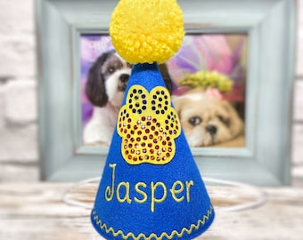 Neon Blue Dog Birthday Hat with Faux Rainbow Rhinestones , Personalized - Bling Dog Paw - Pet Party Hat - 1st Birthday Party - Pampered Pet