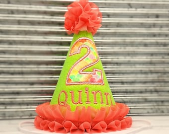 Dog Birthday Party Hat in Lime & Coral Personalized with Birthday Number, Dogs First Birthday, Pet Birthday Hat, Gotcha Day