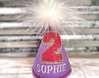 Dog Birthday Hat, Athletic Sport Varsity Lilac, Gold, Fuchsia Personalized Pet Birthday, Photo Prop, Gotcha Day, 1st Birthday, Faux Chenille