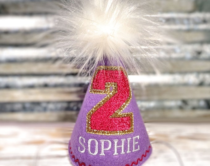 Dog Birthday Hat, Athletic Sport Varsity Lilac, Gold, Fuchsia Personalized Pet Birthday, Photo Prop, Gotcha Day, 1st Birthday, Faux Chenille