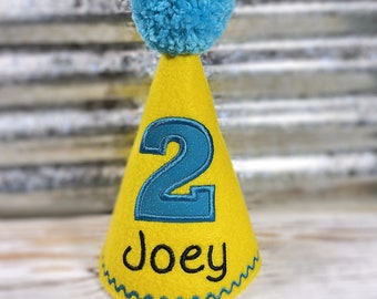 Dog Birthday Hat in Yellow - Sparkle Teal Birthday Number - Personalized, Cake Smash Hat, First Birthday, Pet Party, Photo Prop, Gotcha Day