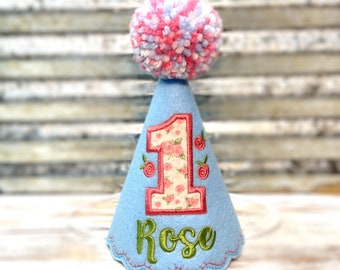 DOG Birthday Hat in Baby Blue with Spring Pink Roses and Personalized , Girls Birthday, Floral Hat,  Gotcha Day, First Birthday,