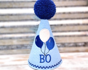 Personalized Dog Birthday Hat: Embroidered Balloons, Light Blue Pet Party