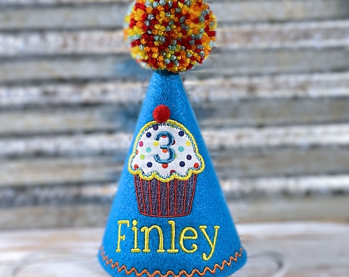 Dog Birthday Hat, Cupcake Pupcake in Peacock Blue & Colored Dots,  Pet Birthday, Photo Prop, Gotcha Day, 1st Birthday, Party Favors