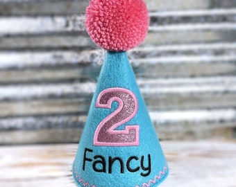 Personalized Dog Birthday Hat: Lagoon Blue, Sparkle Pink Number