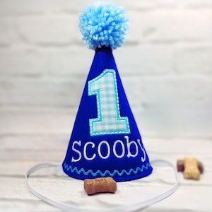 Dog Birthday Party Hat Blue Gingham Personalized, Cake Smash Hat, Gotcha Day Party, Dogs First Birthday, Pet Birthday, Photo Prop image 1