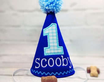 Dog Birthday Party Hat Blue Gingham Personalized,  Cake Smash Hat, Gotcha Day Party, Dogs First Birthday, Pet Birthday, Photo Prop