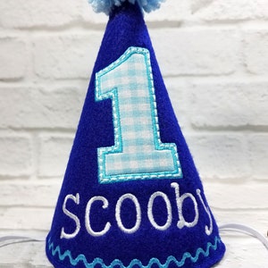 Dog Birthday Party Hat Blue Gingham Personalized, Cake Smash Hat, Gotcha Day Party, Dogs First Birthday, Pet Birthday, Photo Prop image 2