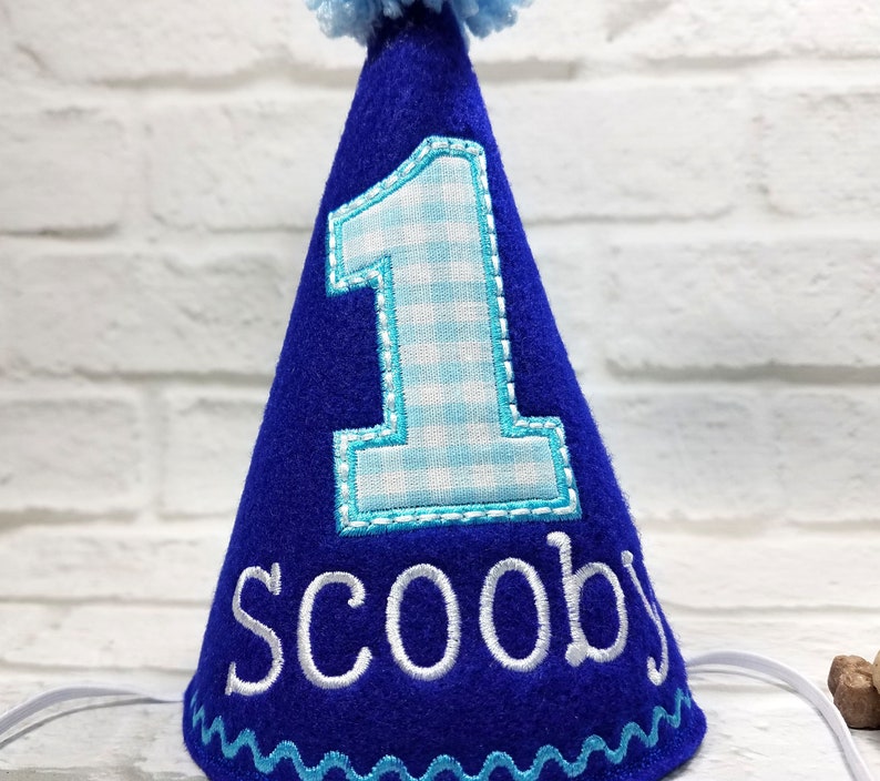 Dog Birthday Party Hat Blue Gingham Personalized, Cake Smash Hat, Gotcha Day Party, Dogs First Birthday, Pet Birthday, Photo Prop image 2