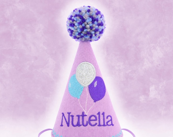 Personalized Lilac Dog Birthday Hat with Balloons, Custom Pet Party Hat with Name