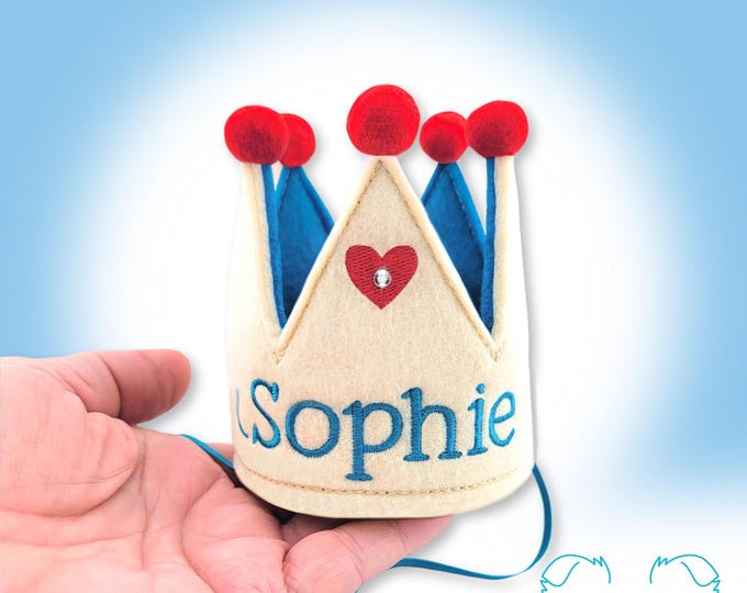 Ecru Dog Birthday Crown Personalized w/ Red Heart, Paw, Star or Cross | Pet Memory Keepsake | Gotcha Day Celebration | First Birthday Part