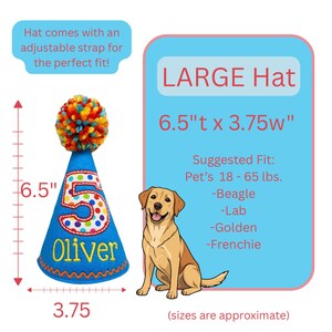 May include: A blue pet birthday hat with a colorful pom-pom and the number 5. The hat is 6.5 inches tall and 3.75 inches wide, with the name "Oliver" embroidered on it. The image includes a cartoon dog and text that reads "LARGE Hat".